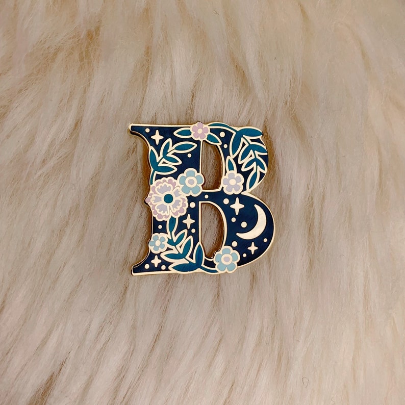 Botanical Letter Enamel Pin Personalize with Your Initial or Monogram Flower, Moon, & Star Details Wildflower Co image 3