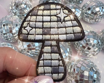 Disco Ball Mushroom Patch - Embroidered Iron On Patches - Shimmery Silver