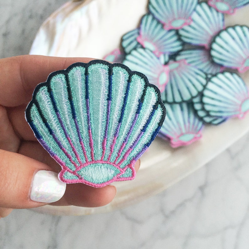 Seashell Patch - Iron On, Embroidered Applique – Mermaid Shell - Aqua Blue & Pastel - Coconut Girl 