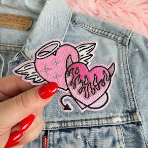 Angel & Devil Hearts Patch - Devilish Flame Heart - Angel Wings Halo Heart - Angel and Devil Iron on Patch - Embroidered Patches for Jackets