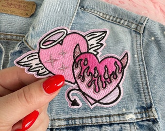 Angel & Devil Hearts Patch - Devilish Flame Heart - Angel Wings Halo Heart - Angel and Devil Iron on Patch - Embroidered Patches for Jackets