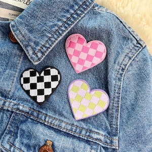 Checkered Heart Patch - Embroidered Iron On Patch - Patches - Black and White, Pink, or Lilac and Lime Green Checker Print - Cute