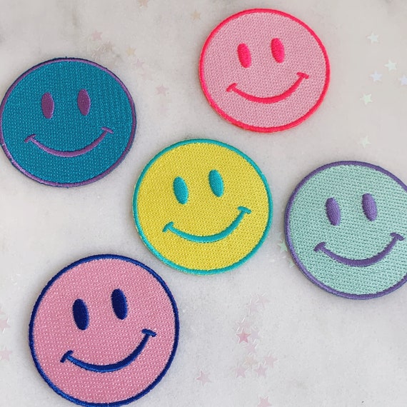 Smiley Face Iron on Patch Embroidered Patches for Jackets Yellow Pink Mint  Purple Blue Happy Faces Wildflower Co. DIY 