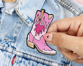 Burning Love Cowgirl Boot Patch - Pink / Lilac - Iron On Embroidered Patches for Jackets - Gifts - Cowboy Boot - Flame Heart - Heart Patch