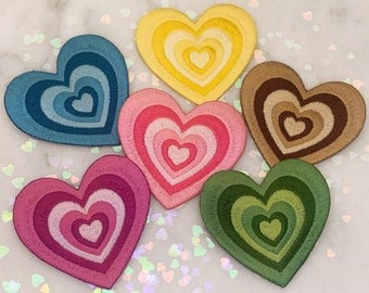 Y2K Heart Patch - Aesthetic Heart Embroidered Iron On Patches - Pink Lilac / Purple Blue Green Yellow & Brown - Cute Patches!  Wildflower