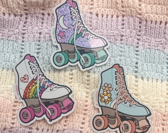 Roller Skate Sticker - Rollerskate Roller Derby Roller Disco - Holographic Glitter Vinyl Stickers for Laptop Water Bottles - 70s Rainbow
