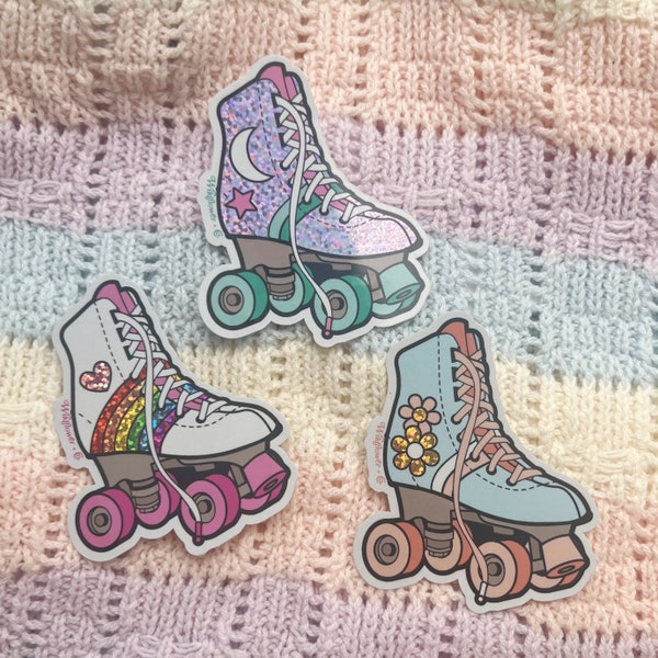 Roller Skate Sticker - Rollerskate Roller Derby Roller Disco - Holographic Glitter Vinyl Stickers for Laptop Water Bottles - 70s Rainbow