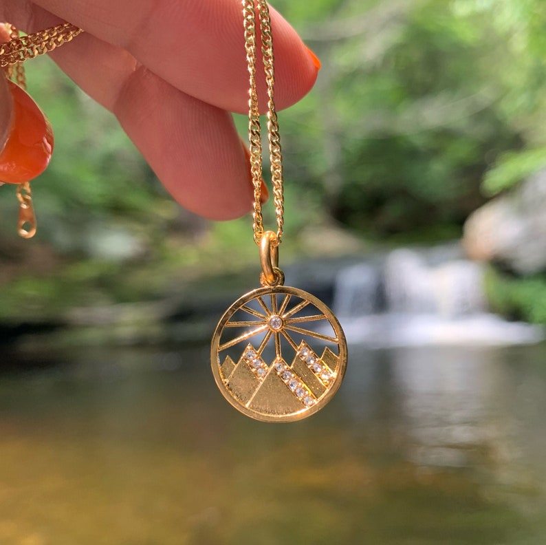 Co. Gold Mountain Necklace Adventure Charm Jewelry Gift Hiking Wildflower Personalized Jewelry Sunrise Camping
