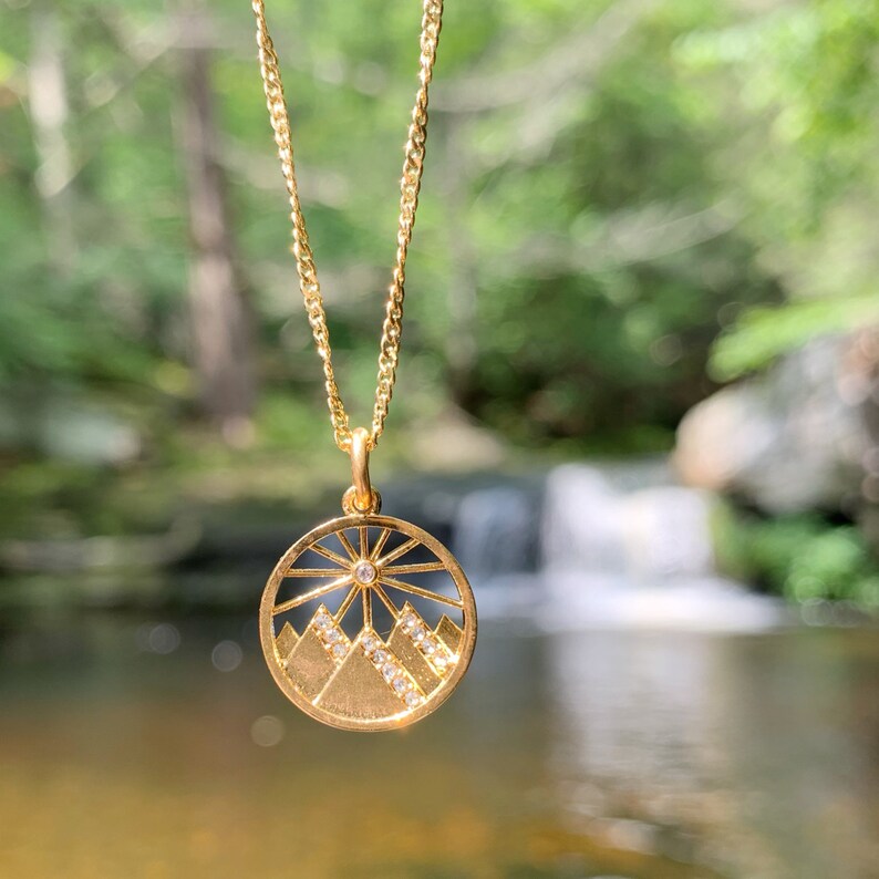 Co. Gold Mountain Necklace Adventure Charm Jewelry Gift Hiking Wildflower Personalized Jewelry Sunrise Camping