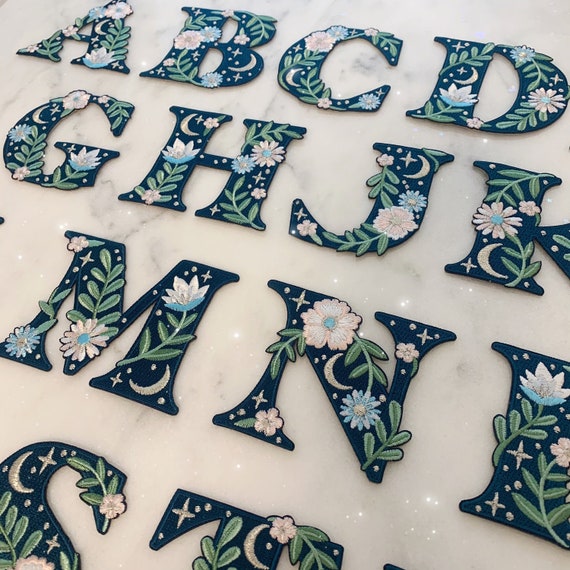 Botanical Letter Patches - Embroidered Applique Letters - Choose Your Letter or Initial! Flowers, Moon, & Stars Details!  Wildflower + Co.