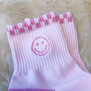 Smiley Socks - Embroidered Socks Womens Fun Socks - Cute Pink Socks - Be Kind Quote & Checkerboard Dtls - Gift for Friends - Wildflower + Co