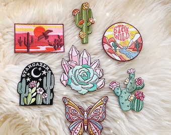 Desert Patch Collection Bundle - S/7 Iron On Patches - Cactus, Sunset, Desert at Night, Stay Wild, Succulent & Crystal - Wildflower + Co.