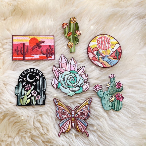 Desert Patch Collection Bundle - S/7 Iron On Patches - Cactus, Sunset, Desert at Night, Stay Wild, Succulent & Crystal - Wildflower + Co.