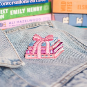 Tied with a Bow Book Stack Patch | Bookish Embroidered Iron on Patches | Book Patch | Cute Book Lover Gift | Coquette Patch | Wildflower Co