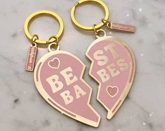 Best Friend Keychain - Best Babes S/2 Split Heart Keychains - Pink - Cute Gift for Best Friend - Matching Enamel Keychains - Bag Charms