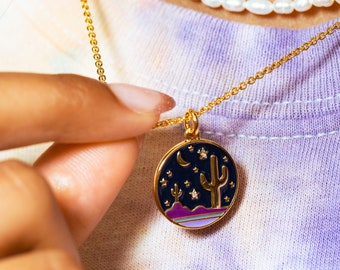 Desert Medallion Necklace - Free Spirit Cactus Moon Stars - Scenic Southwest Wanderlust - Gold & Enamel - Wildflower + Co. Jewelry Gift