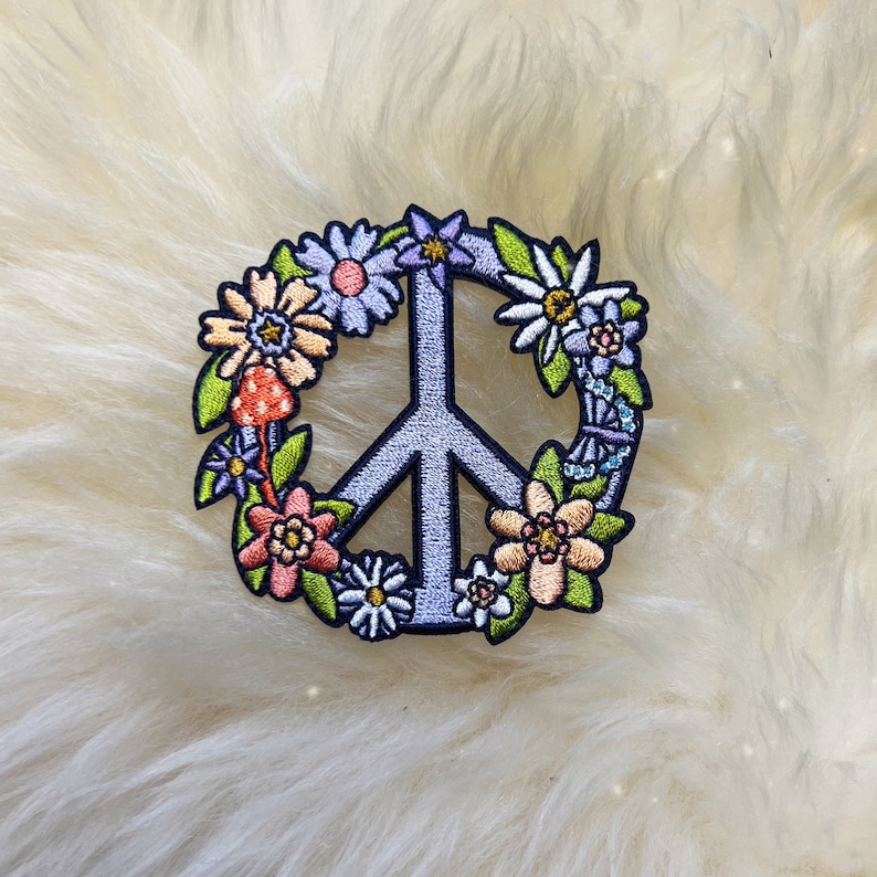 Peace Sign Floral Patch Peace Sign Patch Flower Power Hippie Retro Embroidery Iron On Embroidered Patches for Jackets Cottagecore image 2