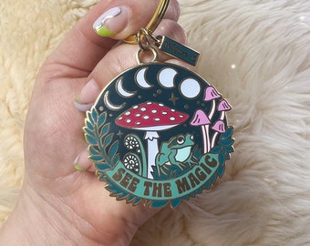 See the Magic Nature Keychain - Cottagecore Enamel Key Chain / Bag Charm -  Frog, Mushroom, Moon Phases & Plants! Glow in the Dark