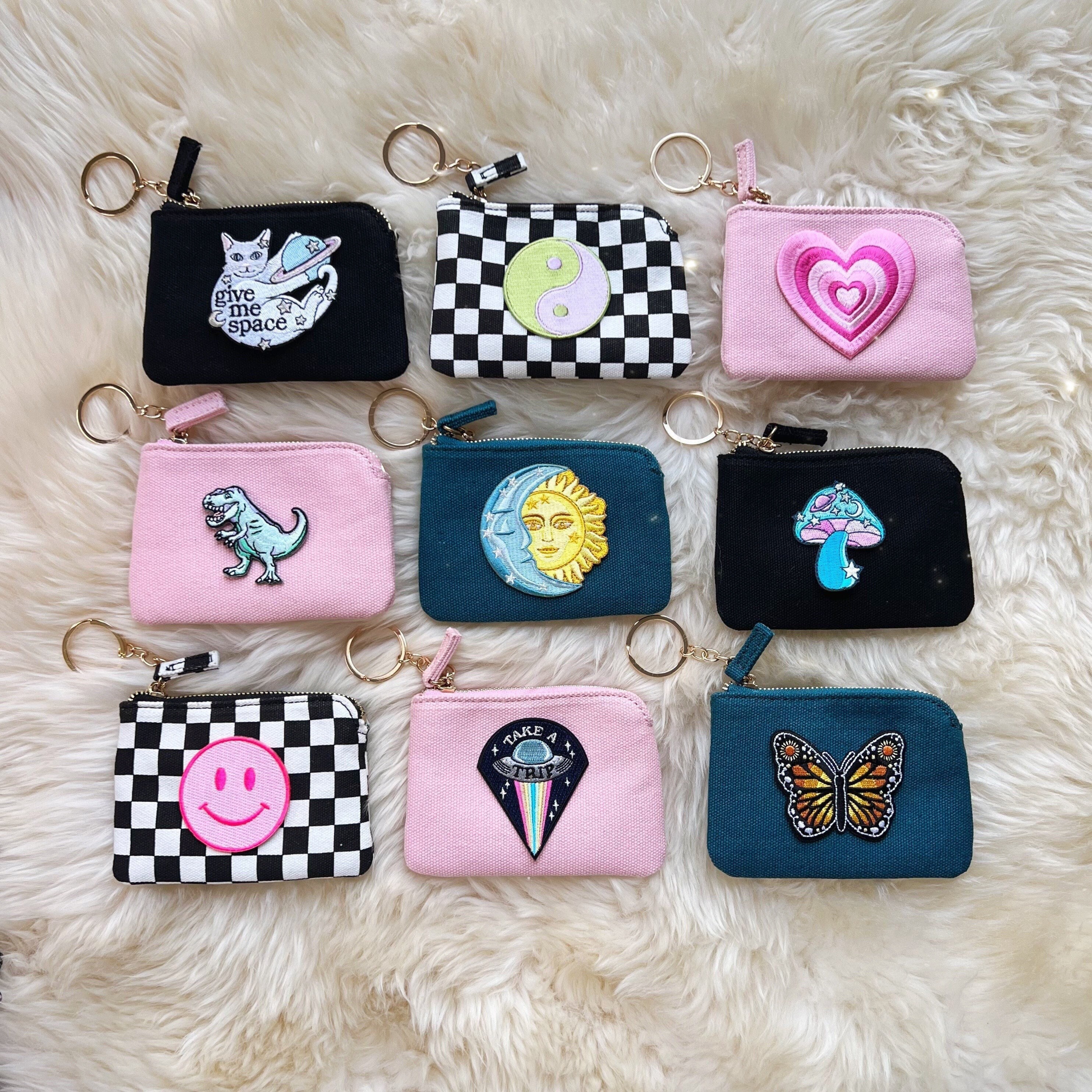 Keychain Wallet - Cute Wallet - Custom - Personalized w/Choice of Embroidered Patch! Small / Mini!  Key Pouch - Black Pink Stocking Stuffer