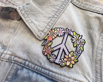 Peace Sign Floral Patch - Peace Sign Patch - Flower Power - Hippie Retro Embroidery - Iron On Embroidered Patches for Jackets - Cottagecore