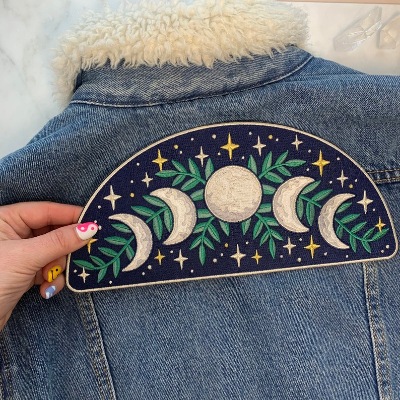 Moon Phases Large Back Patch Iron On Embroidered Patches for Jackets Celestial Magical Midnight Navy & Metallic Wildflower Co. DIY image 4