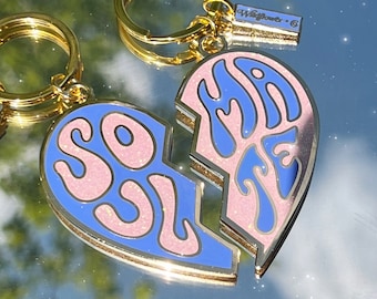 Best Friend Keychain - Soulmate Split Heart S/2 Enamel Keychains - Pink & Periwinkle - Best Friend Gift - Euphoria Bitch You're My Soulmate