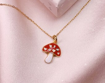 Red Mushroom Charm Necklace - Cute Jewelry - Charm Necklace - Toadstool Shroom Aesthetic - Dainty Crystal & Gold - Cottagecore - Cute Gift
