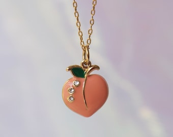 Peach Necklace - Cute Peach Jewelry - Charm Necklace - Aesthetic - Fruit - Dainty Pave Crystal, Enamel & Gold - Fun Gift - Wildflower + Co.