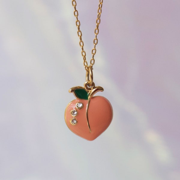 Peach Necklace - Cute Peach Jewelry - Charm Necklace - Aesthetic - Fruit - Dainty Pave Crystal, Enamel & Gold - Fun Gift - Wildflower + Co.