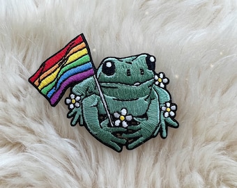 Pride Frog Patch - Embroidered Iron On Patches for Jackets - LGBTQ+ Embroidery - Cottagecore Daisy - Gay Frog - Wildflower + Co. DIY