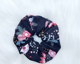 Black/Pink Floral Hair Scrunchies