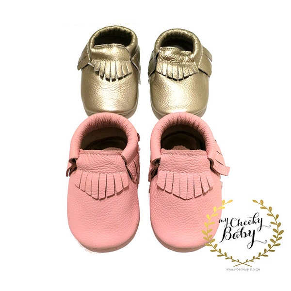 Choose ONE Pink or Gold Moccs, Baby Moccs, Trendy Stylish Baby Shoes, Baby Girl,  Leather Moccasins, Moccassins, Fringe, Baby Gift