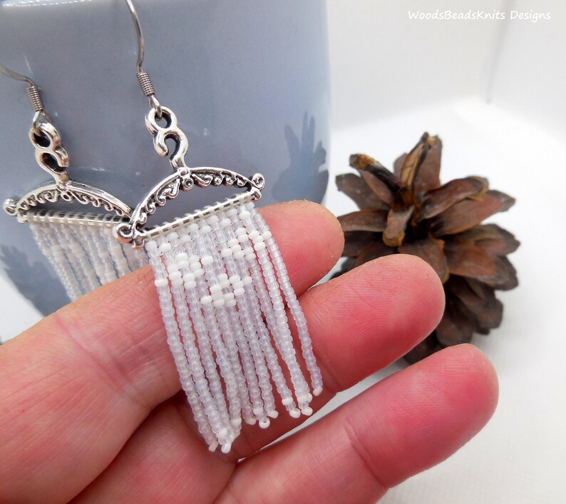 Beaded Fringe Earrings White Beaded Earrings White Seed Bead Etsy