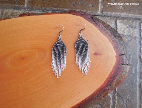 Beaded Fringe Earrings Gray Beaded Earrings Grey Earrings Seed