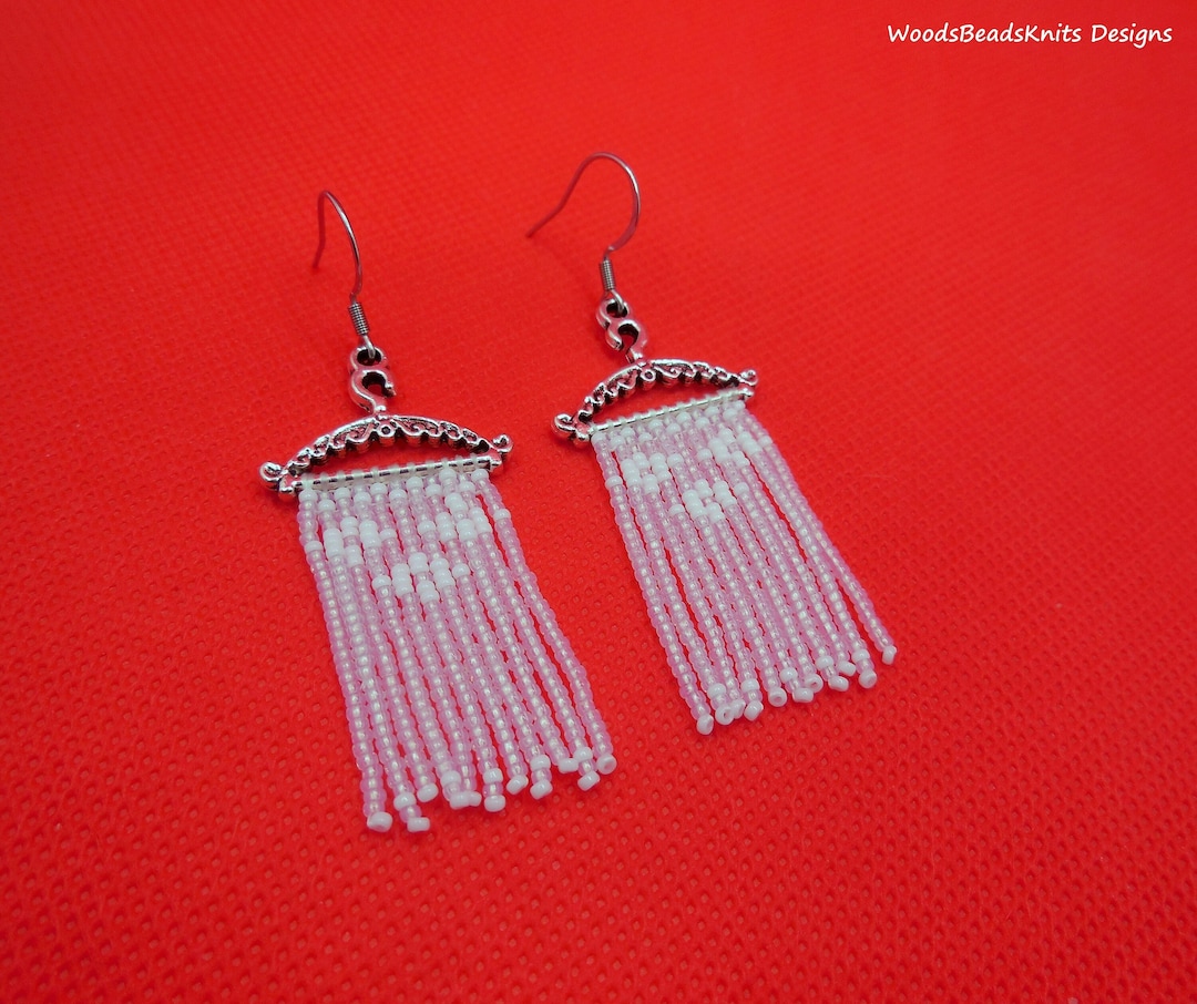 Beaded Fringe Earrings White Beaded Earrings White Seed Bead Etsy