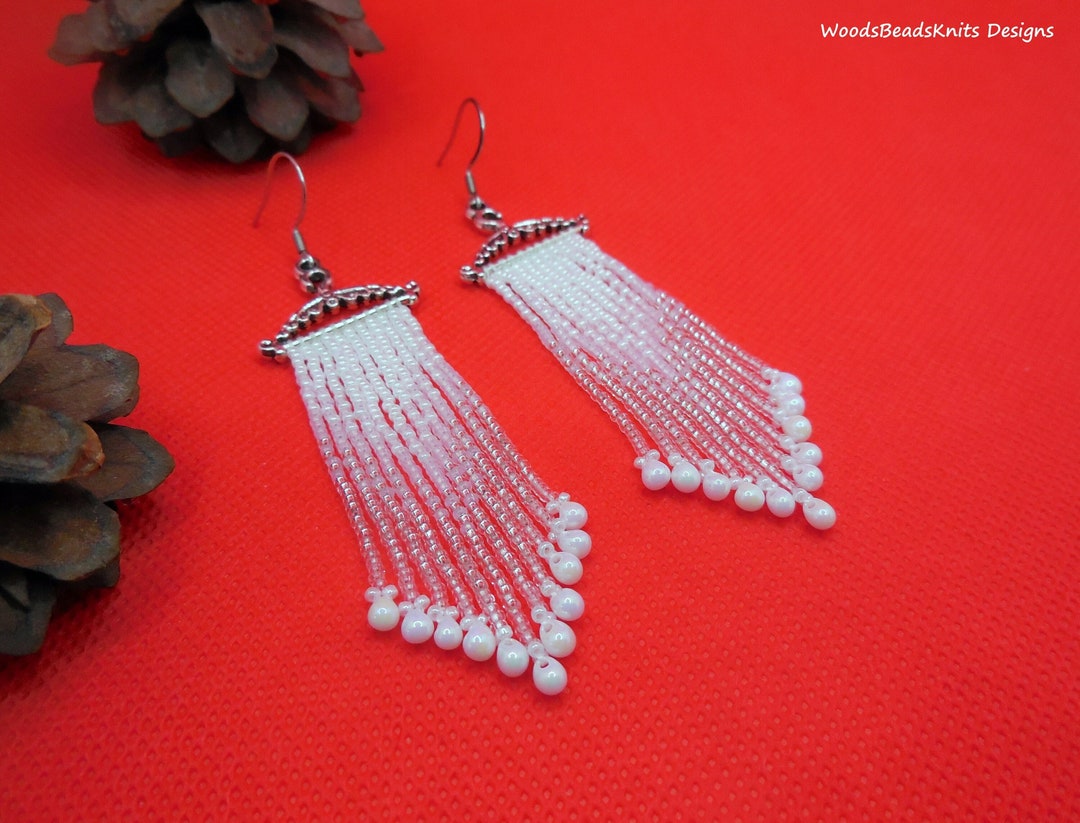 Beaded Fringe Earrings White Beaded Earrings White Earrings Etsy