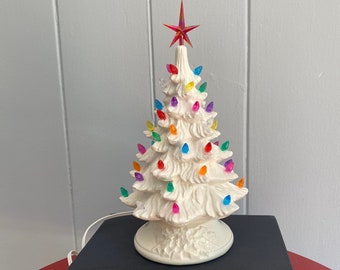 11" Lighted Ceramic Christmas Tree: Clear Glazed, Multicolored Bulbs. Handmade in the USA
