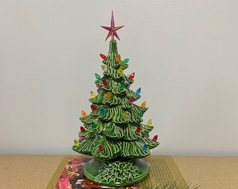 11" Ceramic Christmas Tree, Lighted Christmas Tree, green Christmas Tree with multi colored lights, free shipping in the lower 48 States