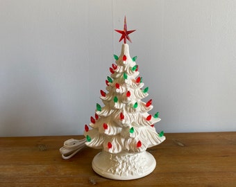 11" Ceramic Christmas Tree, Lighted Christmas Tree, white Christmas Tree with green and red lights, free shipping in the lower 48.