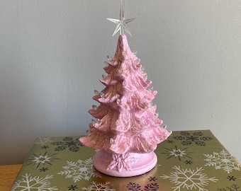 8.5 inch, pink painted, Christmas tree, ceramic tree, night light