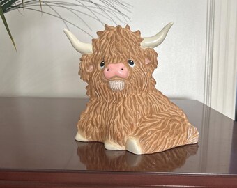 8 inch Highland Cow, Ceramic, light brown with a pink nose