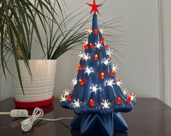 16.5" Metallic Blue Lava Christmas Tree: Red Star, Sputnik and regular Bulbs, Handmade USA