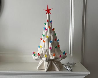 16.5 inch White Lava Christmas Tree: Multicolored Lights, Red Star Topper. handmade in the USA