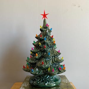 19&quot; Lighted Ceramic Christmas Tree: Green with Multi-Colored Lights