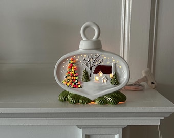 Lighted Standing Ornament: Scene and Metallic Green Night Light
