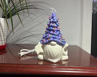 Gnome Ceramic Christmas Tree: Hand-Painted Purple Holiday Decor, 10 inch