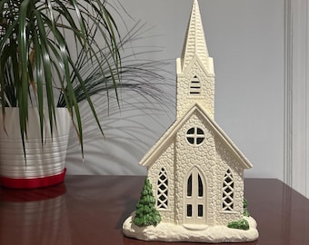 16" Lighted White Mantel Church, Stained Glass Window, Ceramic, Tabletop Decoration
