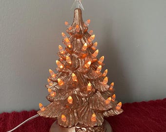 11" Metallic Rose Gold Christmas Tree: Ceramic Tabletop Decor, Handmade in the USA