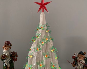 16.5 Inch Lava Tree, white glazed with Green and Red poinsettias, free shipping in the lower 48 states
