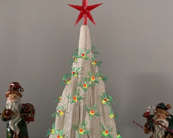 16.5 inch White Lava Christmas Tree: Poinsettia Lights, Red Star Topper. handmade in the USA